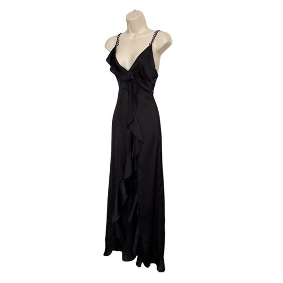 For Love & Lemons Black Ruffle Open Front Satin Slip Dress Size XS - Picture 4 of 14